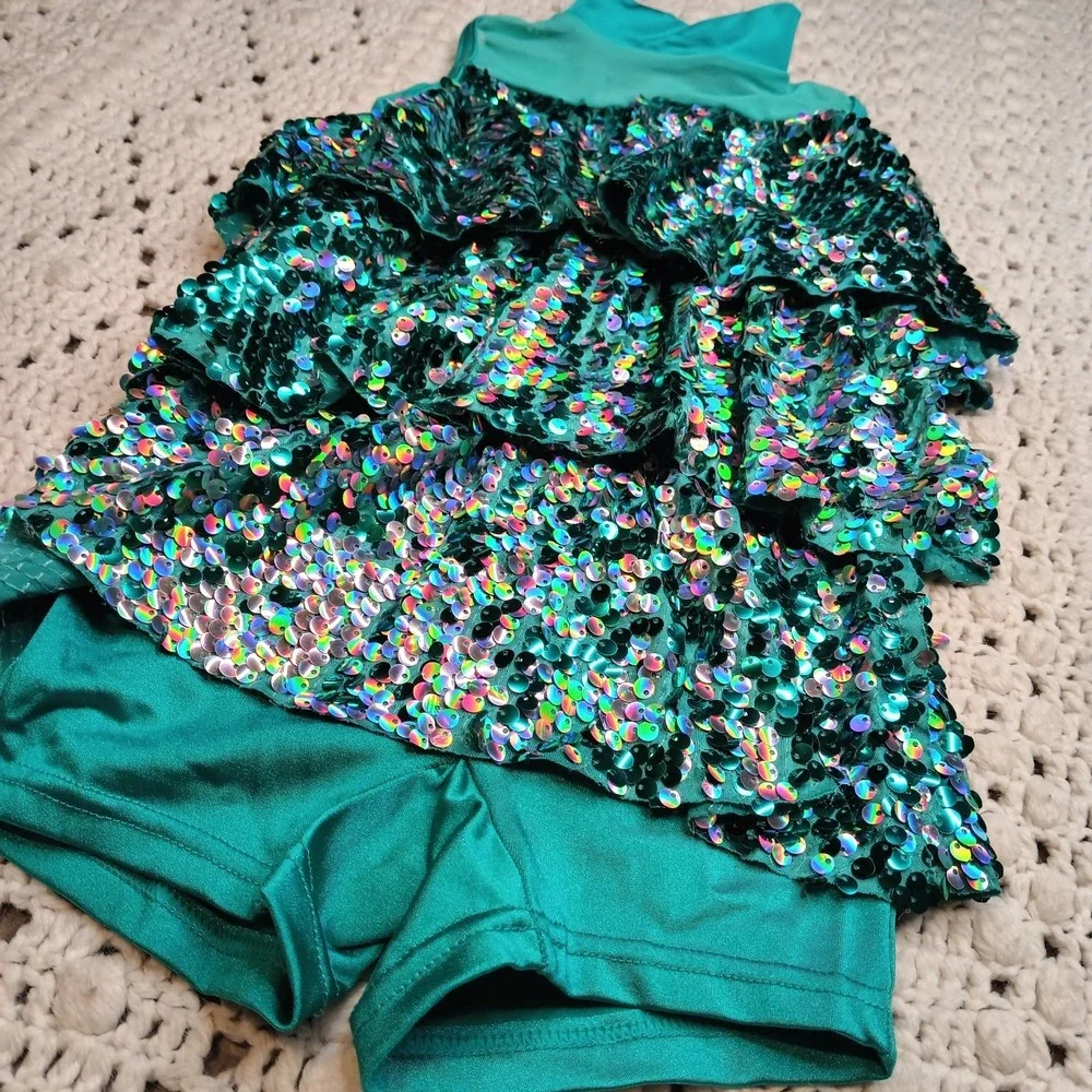 Weissman Dance Costume SC Teal Shimmer Fringe Leotard Recital Competition Sequin